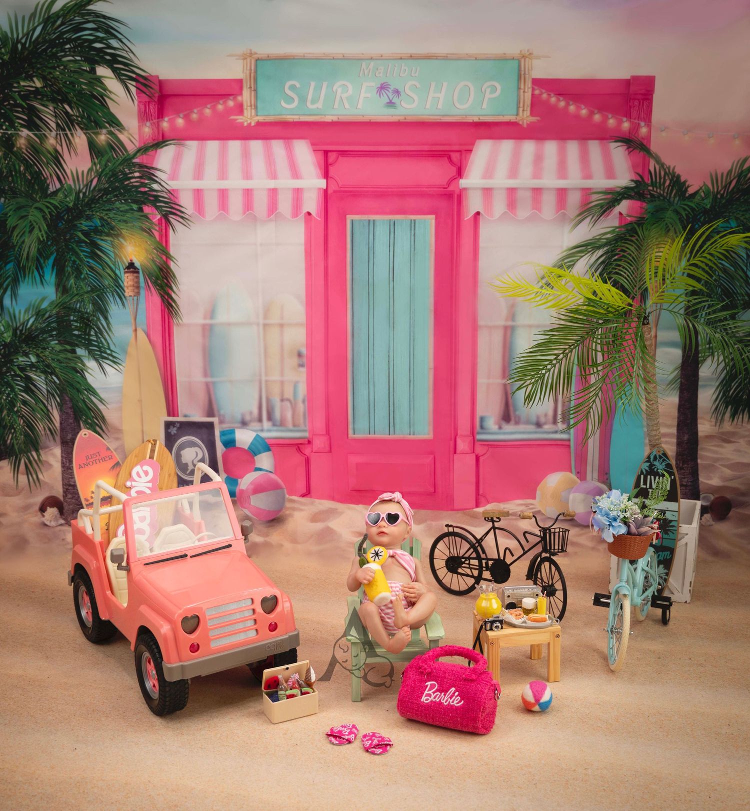 Vintage-style surf shop scene with pink exterior, toy car, and beach accessories.