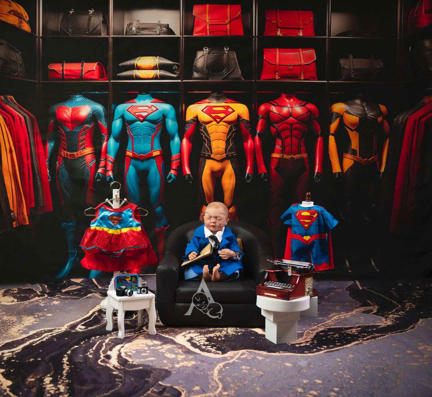 Superhero costume display featuring Superman, Spider-Man and other comic book character outfits on mannequins.