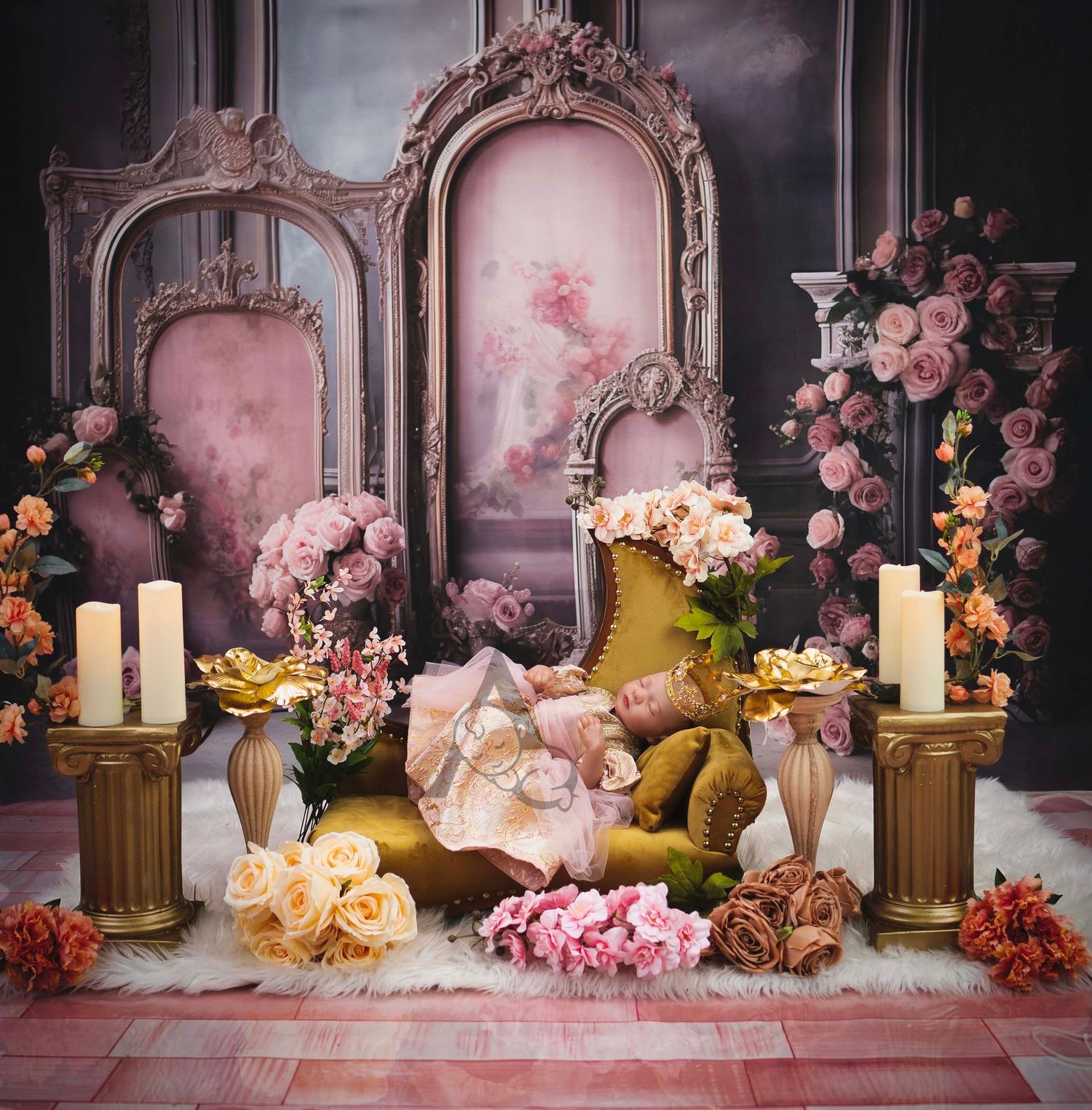 Elegant vintage backdrop with ornate frames, pink roses, and glowing candles creating romantic atmosphere.
