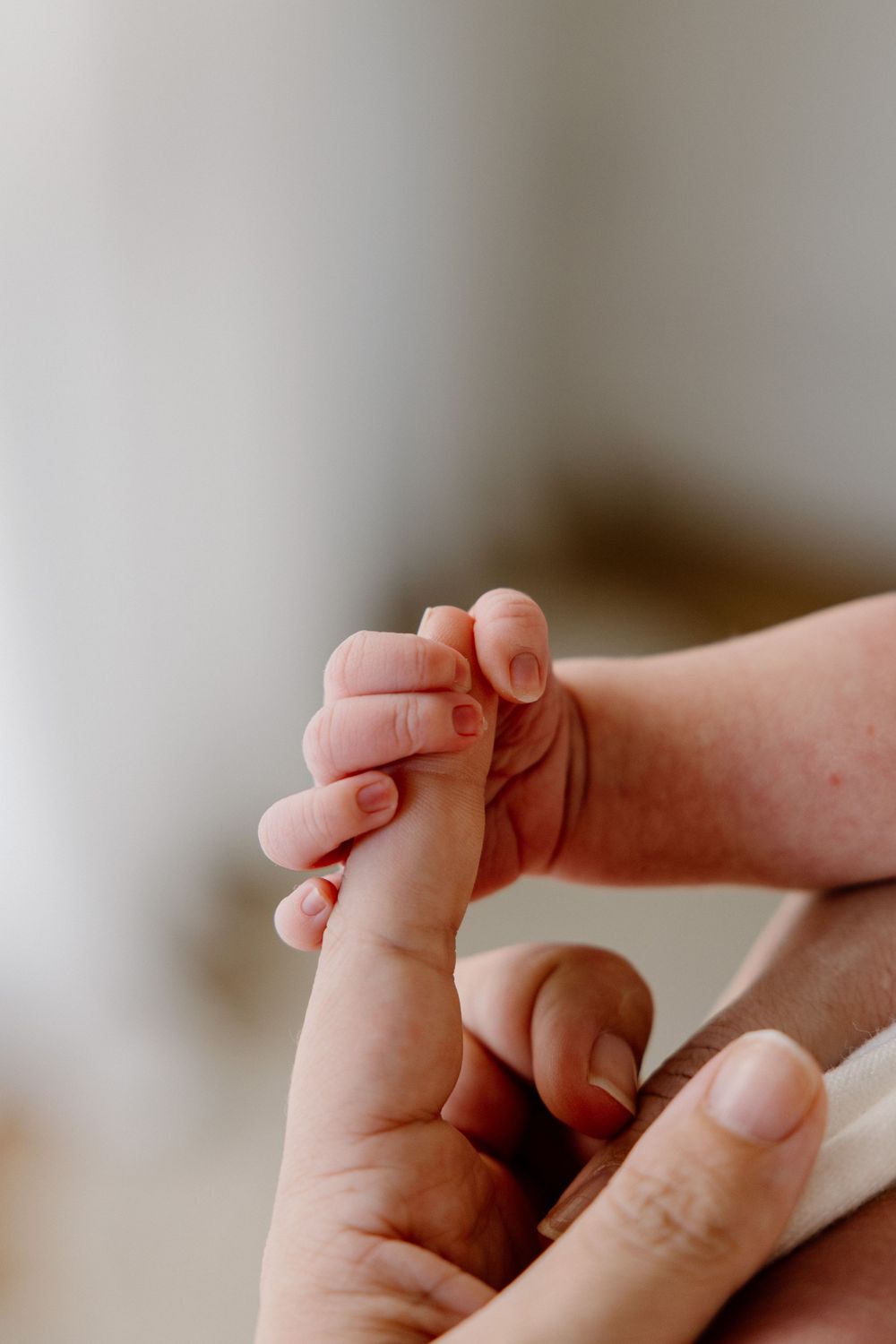 A close-up view of two hands gently clasping fingers together in a tender, intimate gesture.
