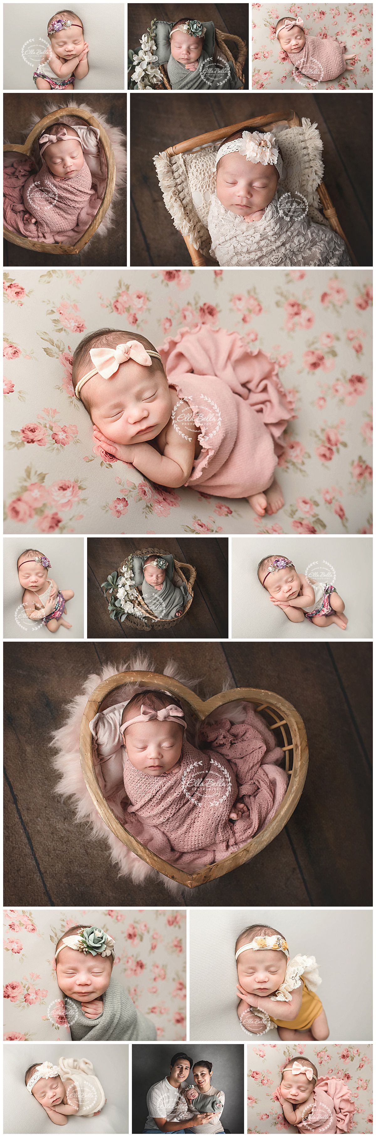 Professional newborn photography collage featuring soft pink and grey tones with delicate wraps, floral backdrops and wooden props.