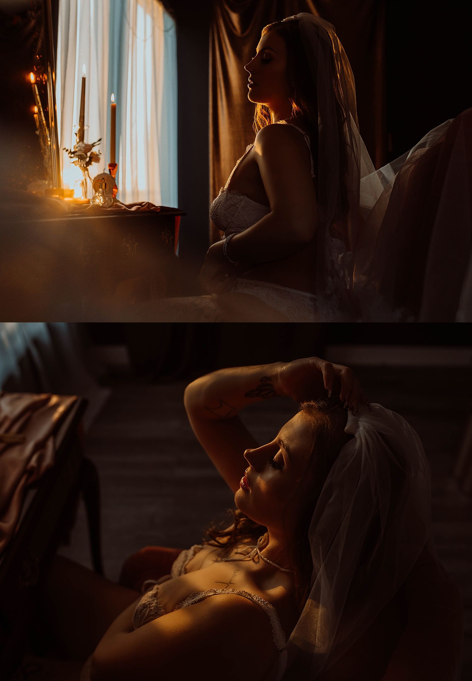 bride sits on couch with veil by Boudoir by KJ Photography