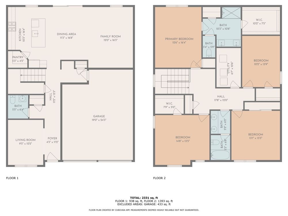 Architectural floor plan showing a two-story home layout with bedrooms, bathrooms, and living spaces on both levels.