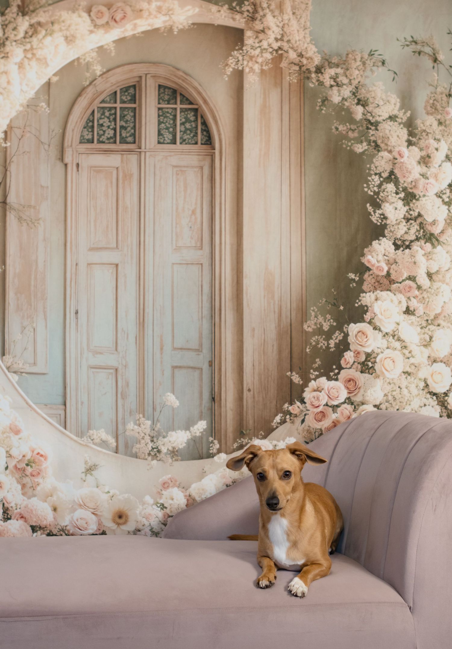 Brown dog rests on pink sofa against decorative archway with floral arrangements.