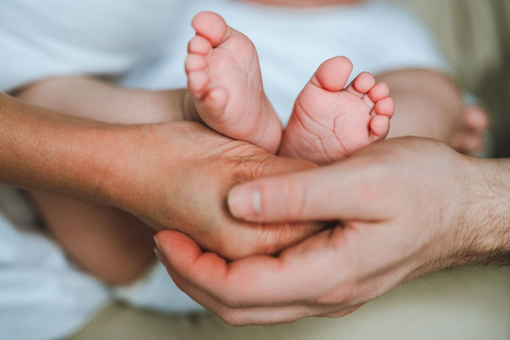 Close up of tiny newborn baby feet being gently cradled in adult hands against a white background.