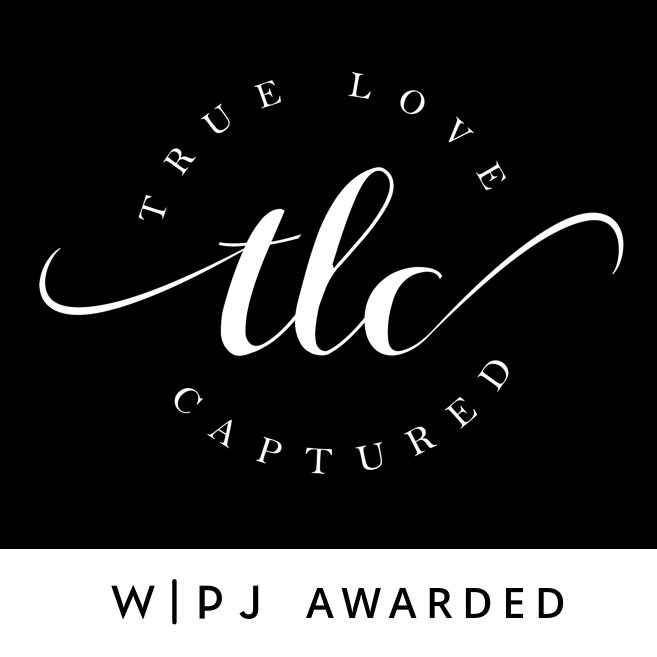 Black and white circular logo design for True Love Captured featuring elegant calligraphy and WPJA award text.