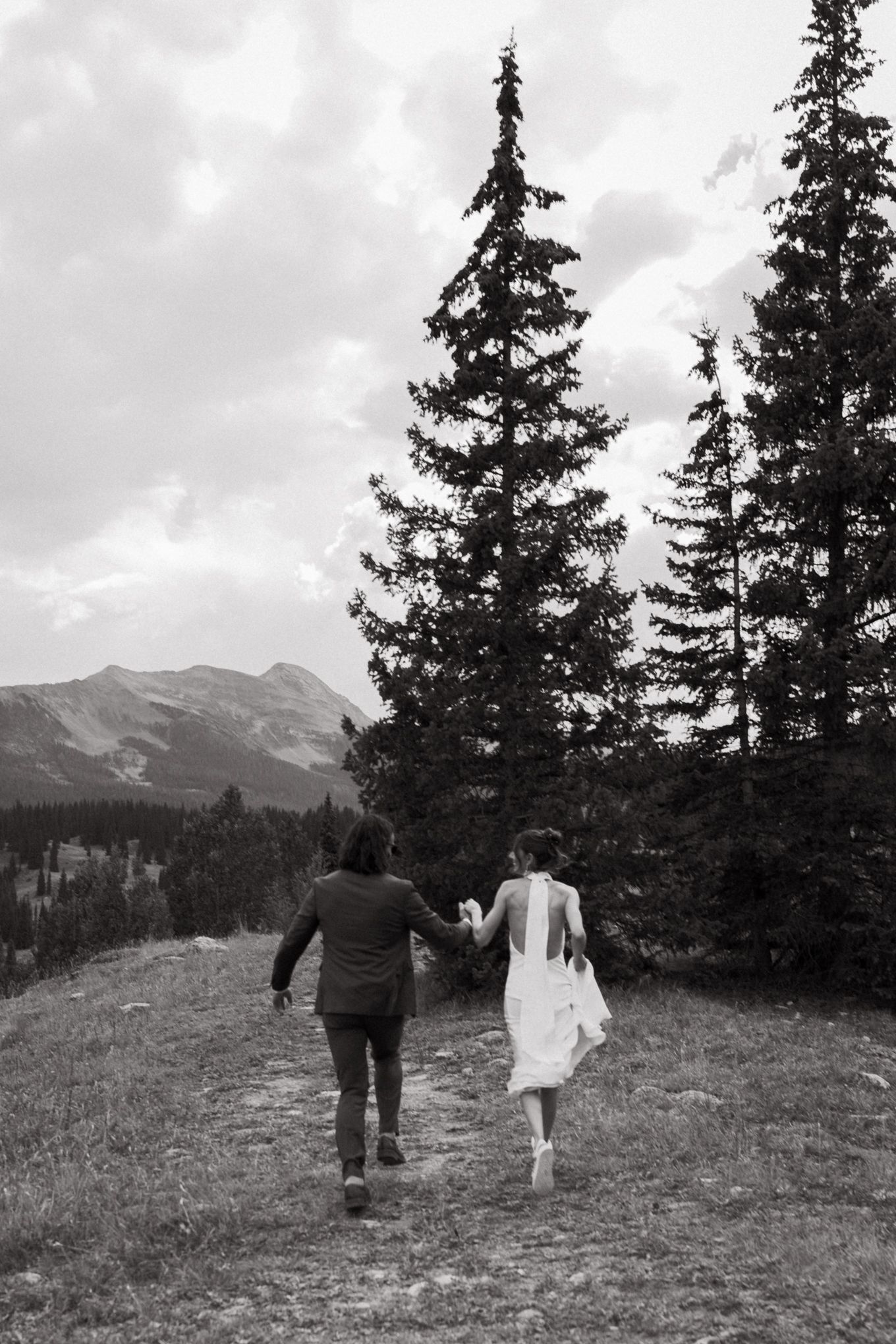 A couple walks hand in hand through mountain meadow with evergreen trees in black and white.
