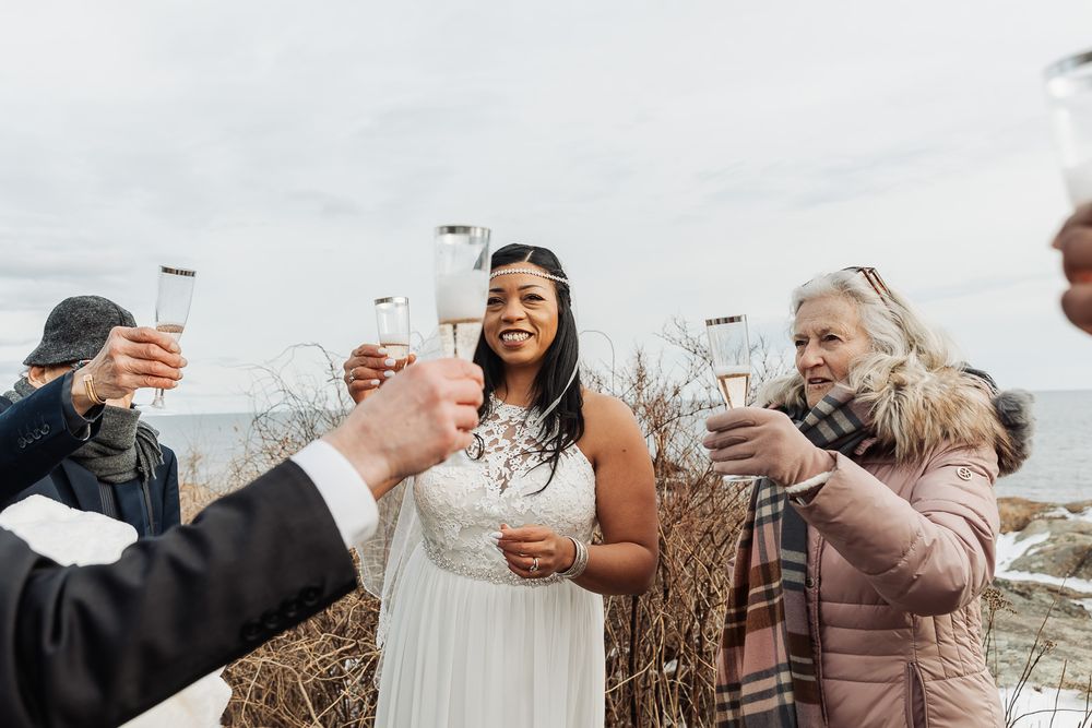 Wedding guests raise glasses in a joyful champagne toast outdoors against a cloudy sky.