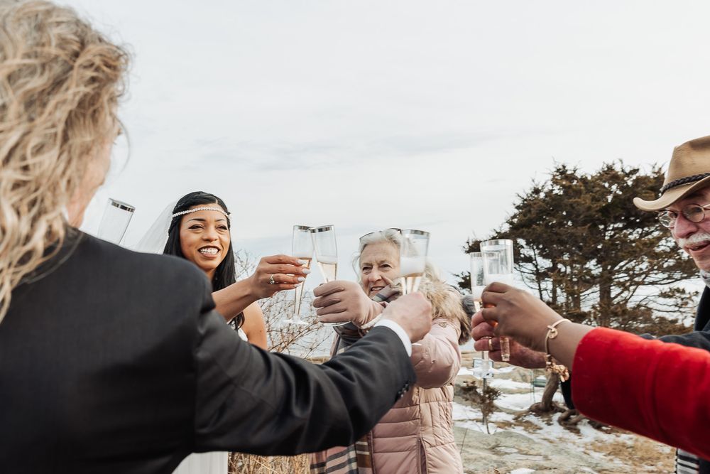 A group of people toasting with glasses outdoors on a cloudy day, celebrating together by a scenic view.