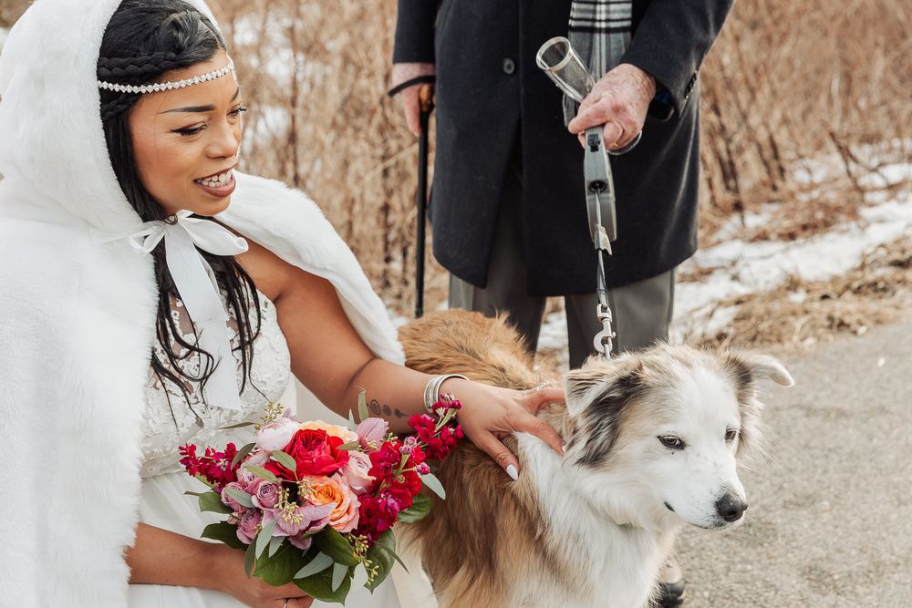A wedding scene in winter features a bouquet of red flowers and a fluffy white dog on a leash.