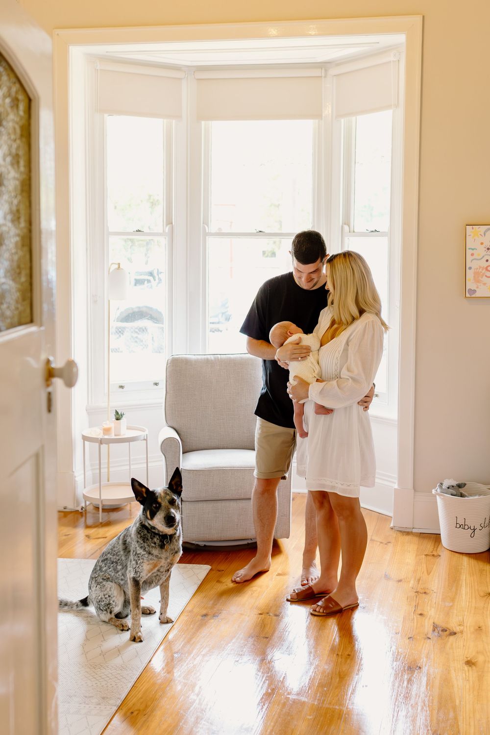 Family standing in bright bay window with their dog as sunlight streams into modern living room with hardwood floors.