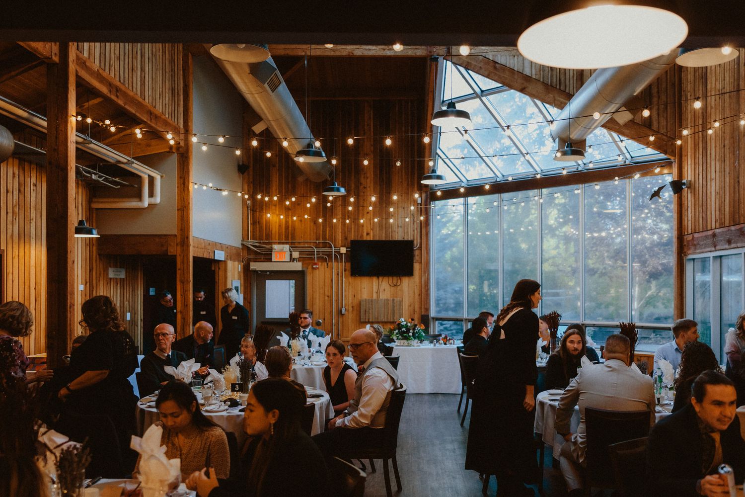 Wedding guests sharing dinner and dancing under twinkle lights, photographed by a Calgary wedding photographer at Calgary Zoo.
