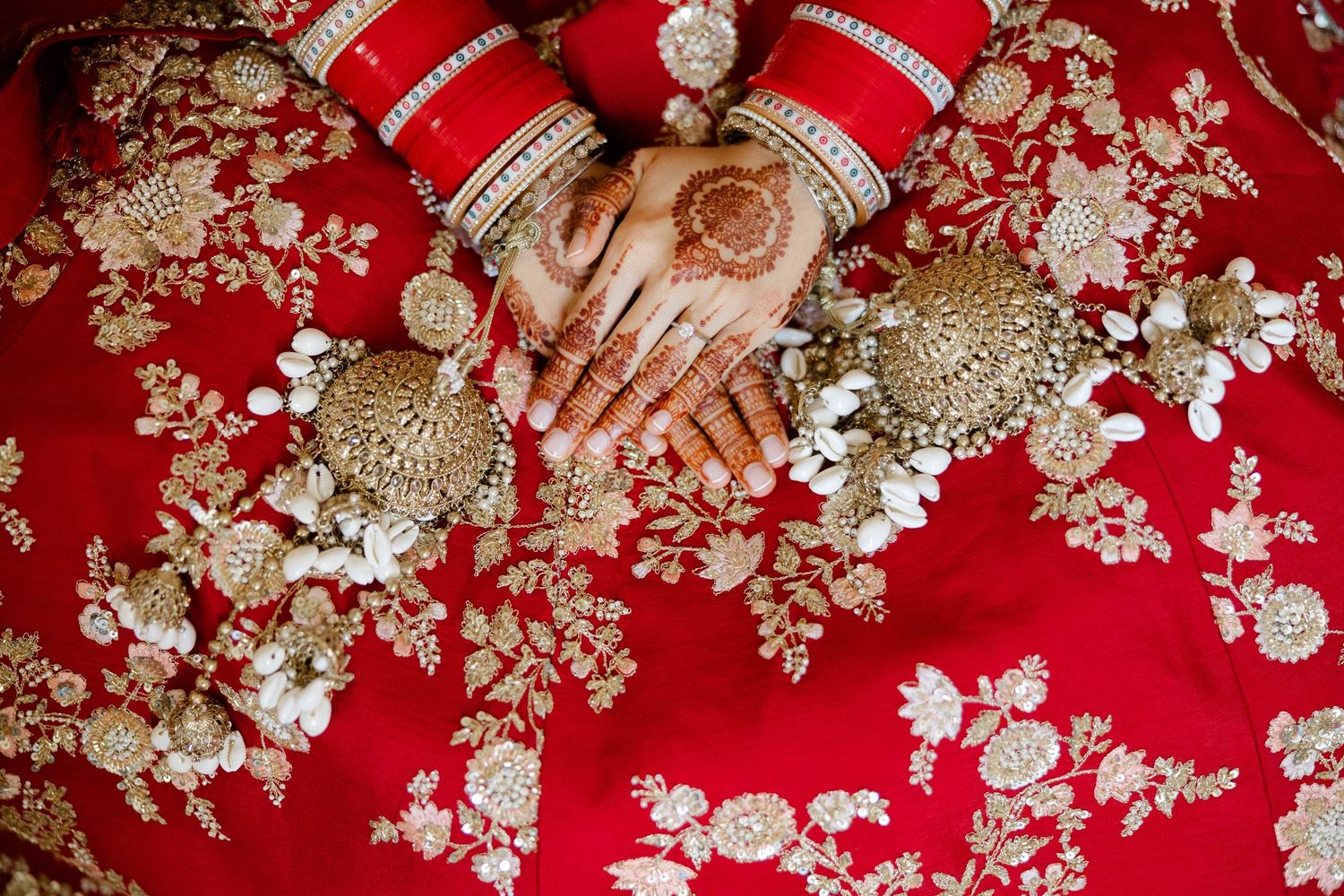 Close-up of the bride’s hands with intricate henna designs, capturing traditional Sikh bridal details