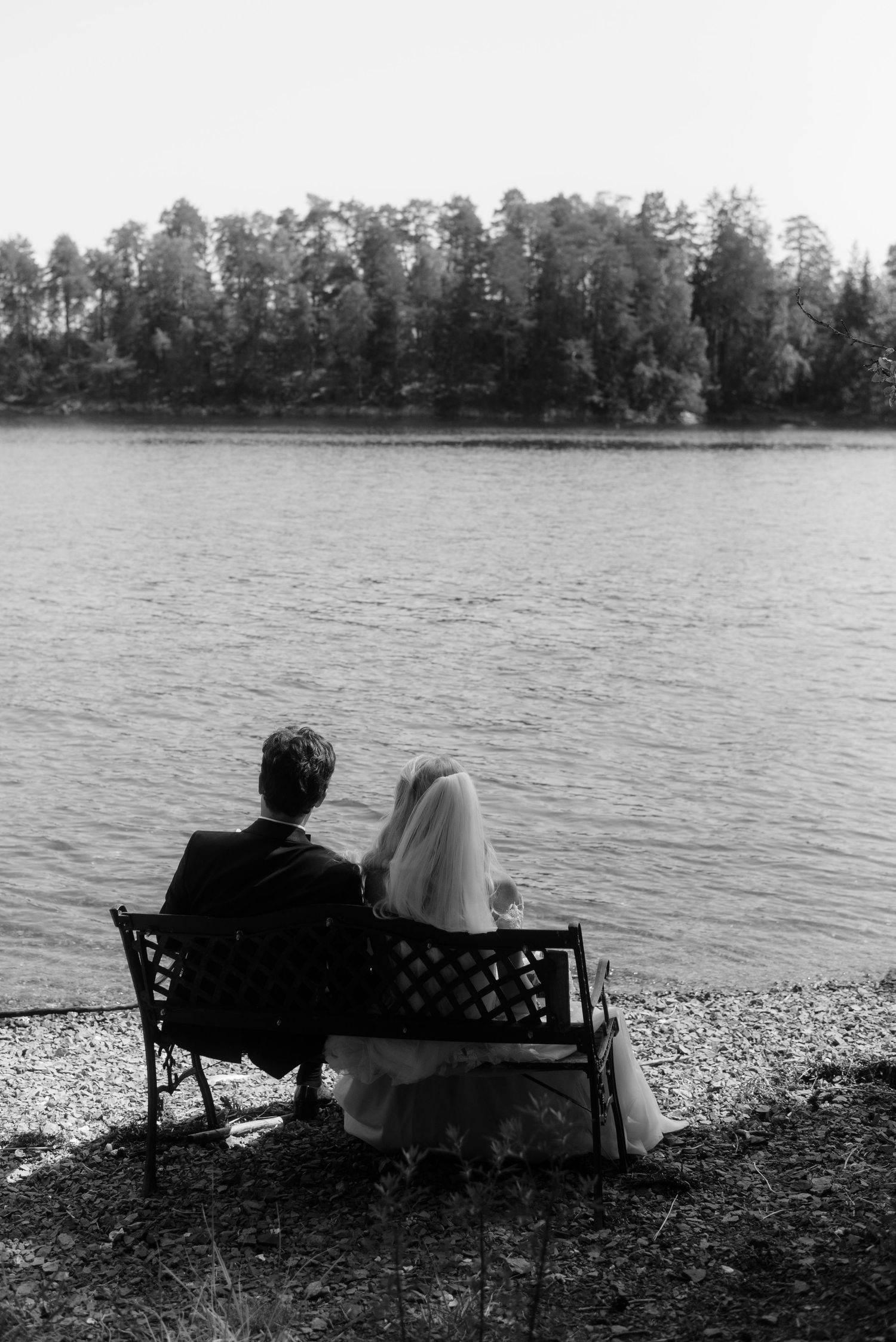A couple sits on a bench by a serene lake surrounded by tall pine trees.
