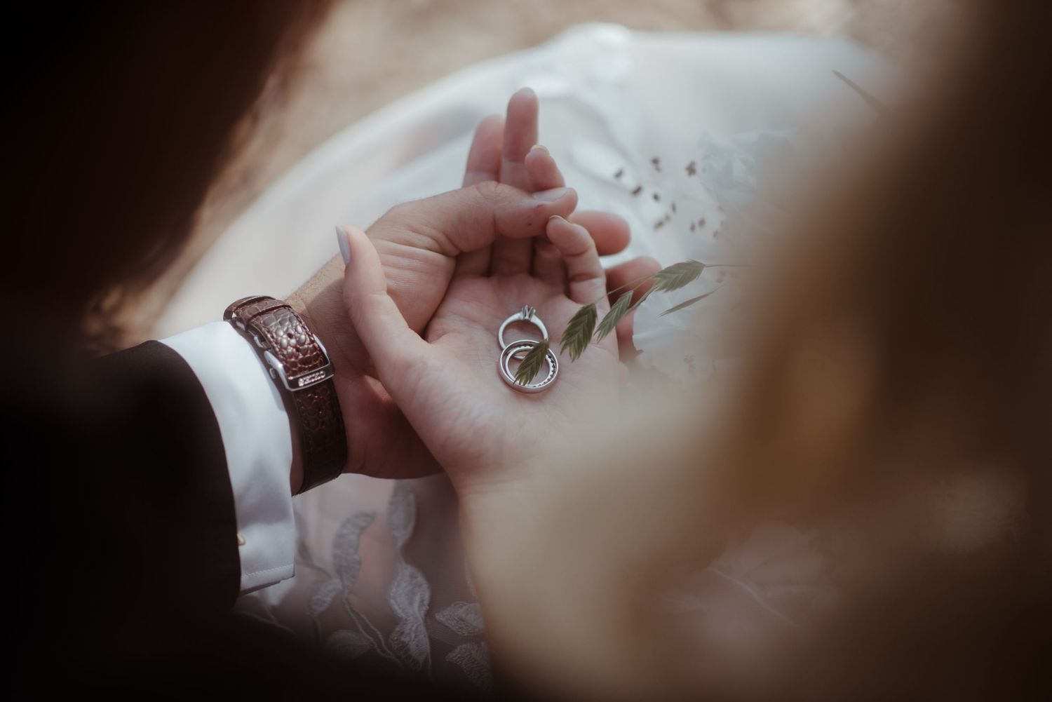 Wedding rings photographed in soft focus with elegant details.