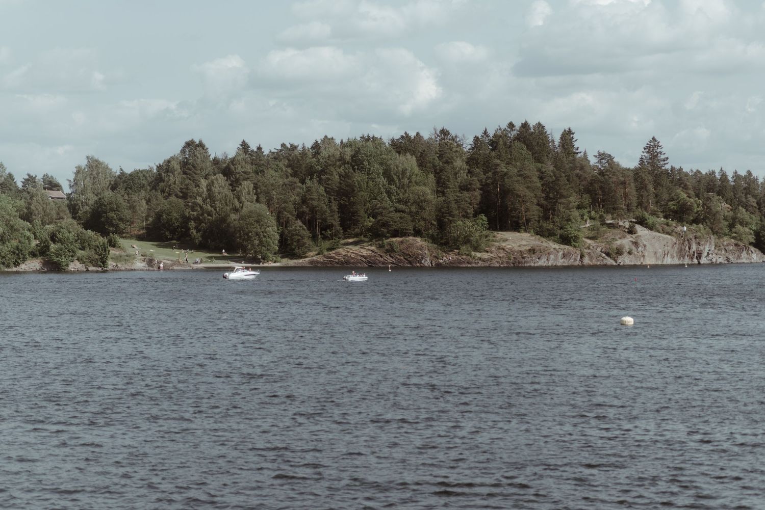 Scenic waterfront view with forested coastline and boats in distance.