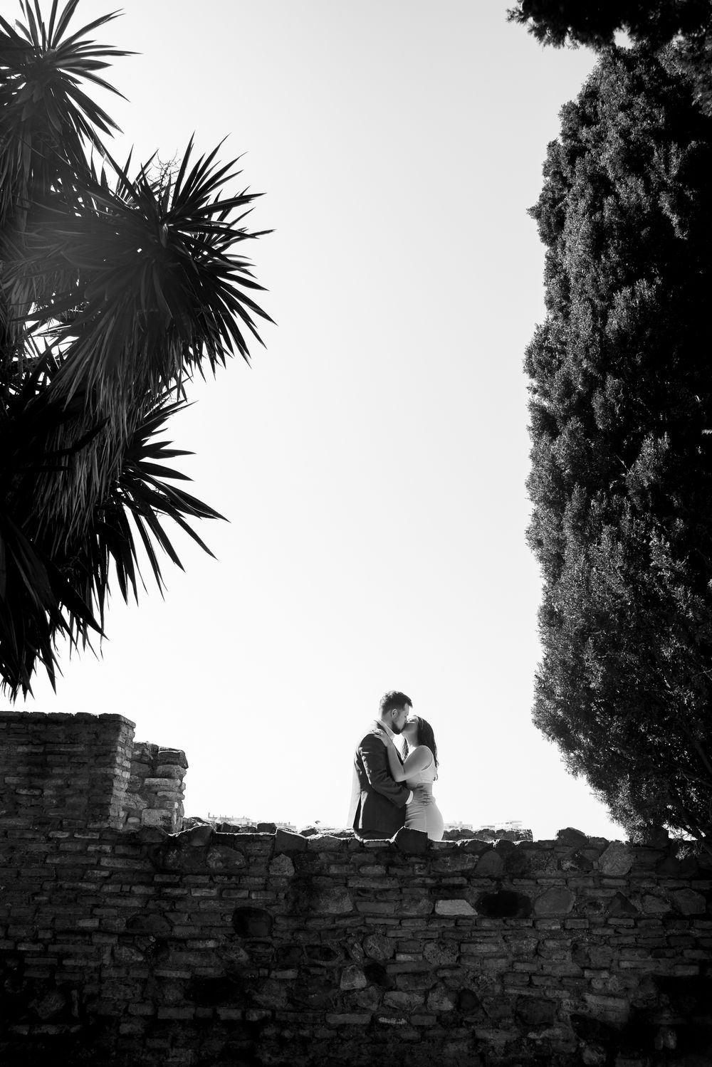 A silhouetted couple sharing a romantic moment on an ancient stone wall beneath palm trees in black and white.