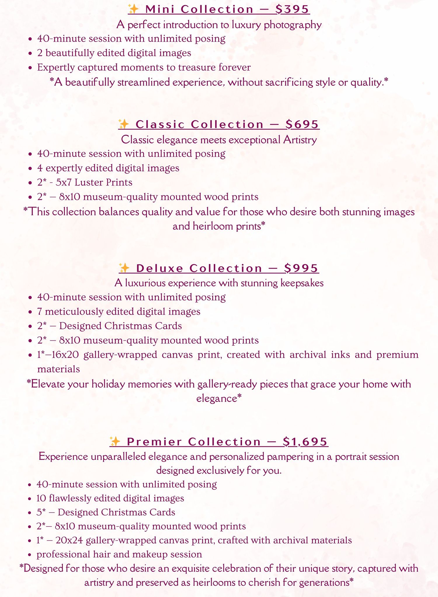 Photography pricing menu displaying three tiers of portrait session packages with costs and features listed in pink text.