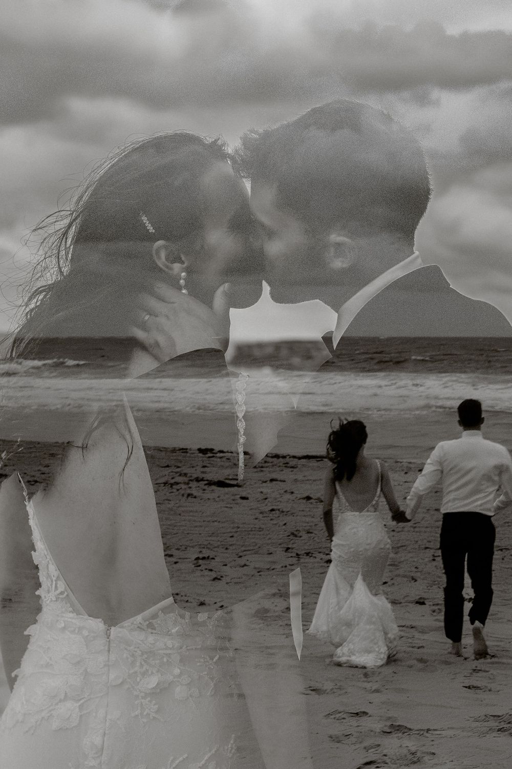 A romantic black and white photo sequence shows a couple walking and embracing on a cloudy beach.