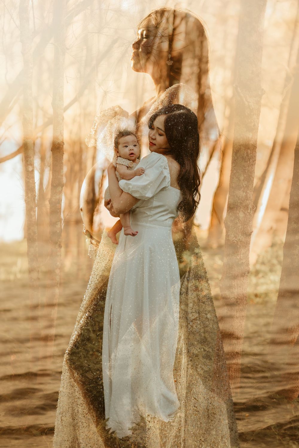 Double exposure portrait combining figures against water and trees in warm sepia tones at sunset.