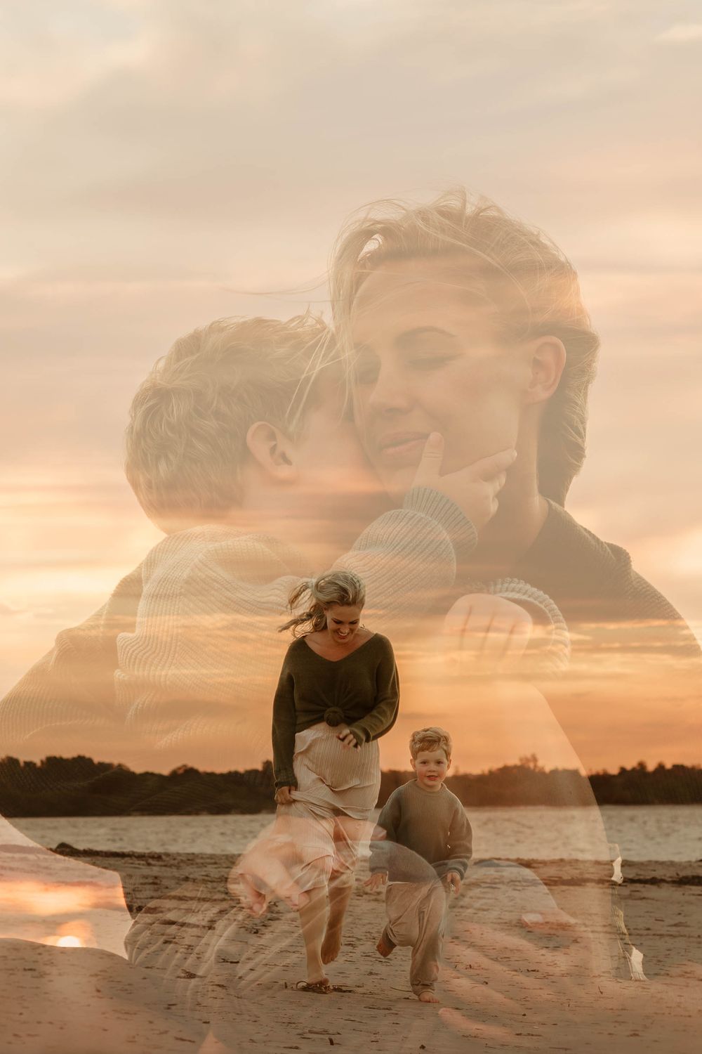 A touching candid moment between family members embracing on a beach during a golden sunset.