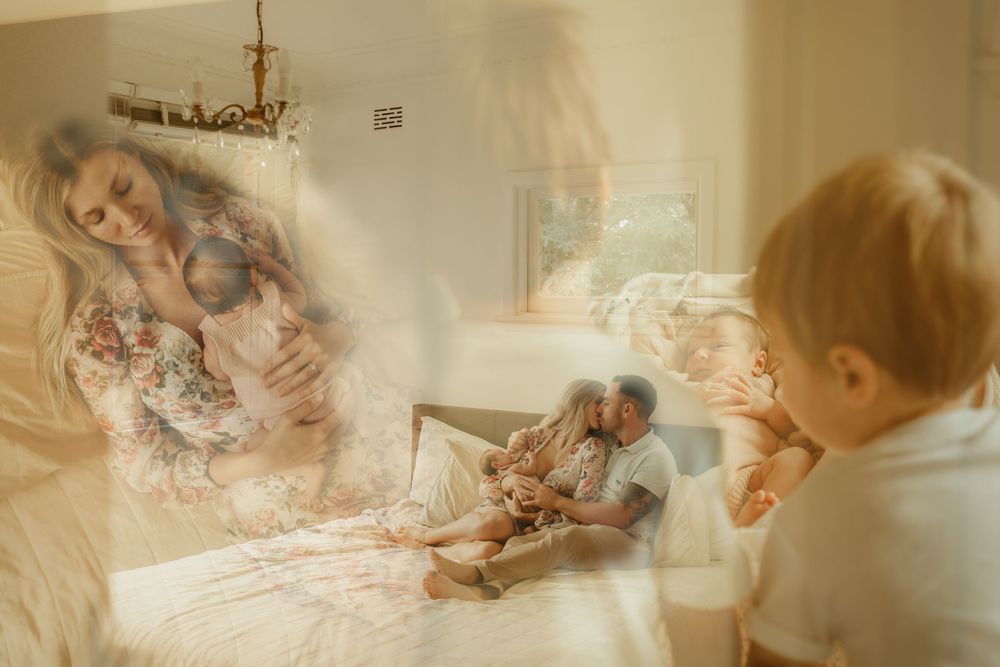 A collection of soft, light-filled photos showing intimate nursery or bedroom moments in a dreamy nostalgic style.