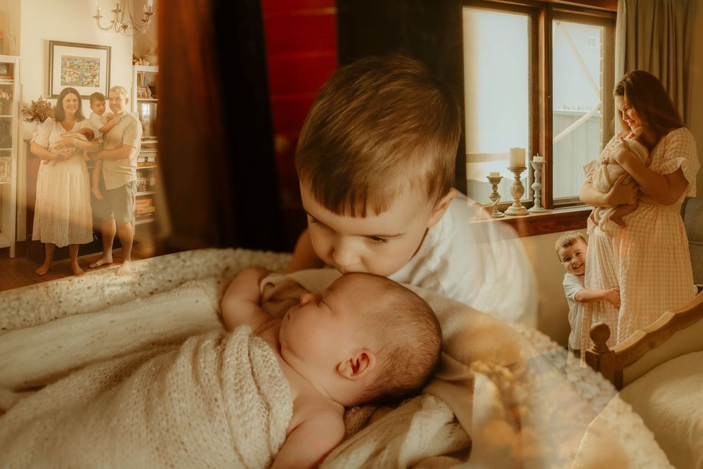A sepia-toned photo collage showing tender candid moments between parents and their baby in a warm, intimate setting.