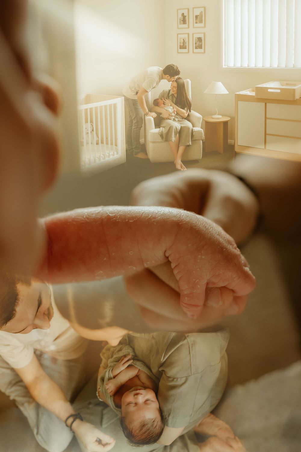 A nursery room scene shows a caregiver with an infant in a rocking chair while another baby rests peacefully nearby.