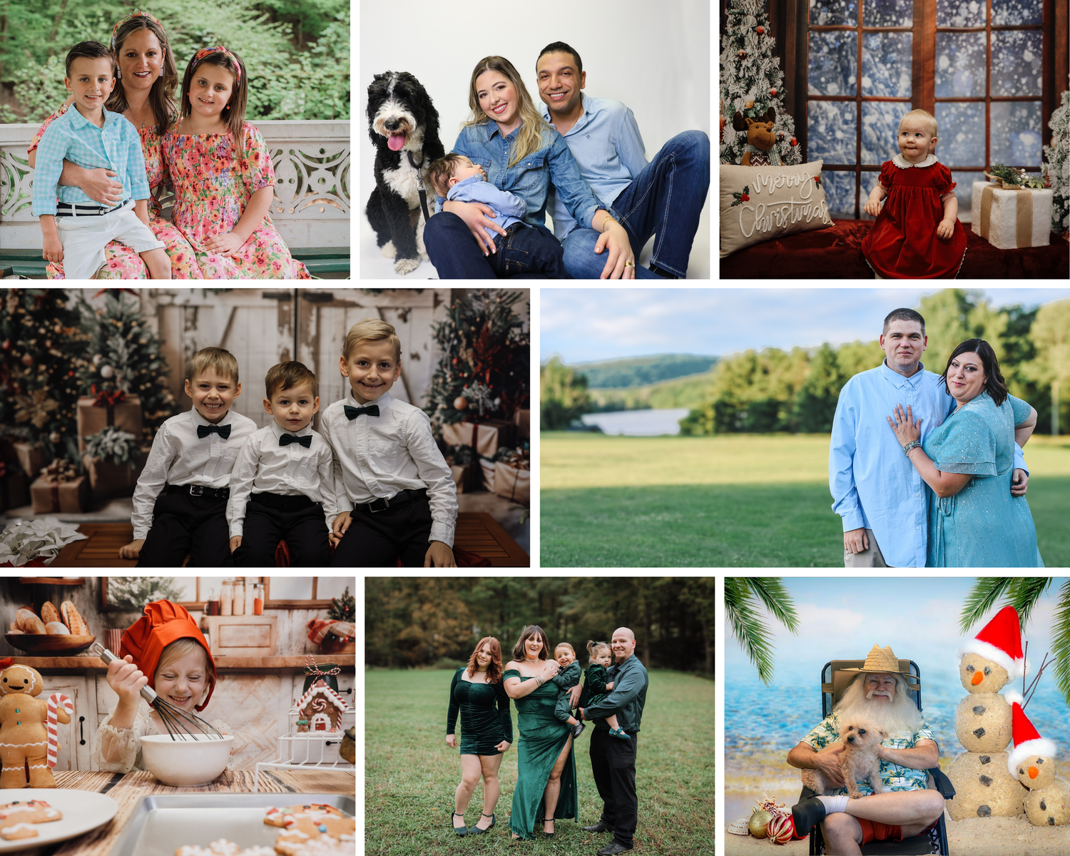 A collection of candid family photo moments showcasing outdoor settings, holiday scenes, and casual gatherings across seasons.