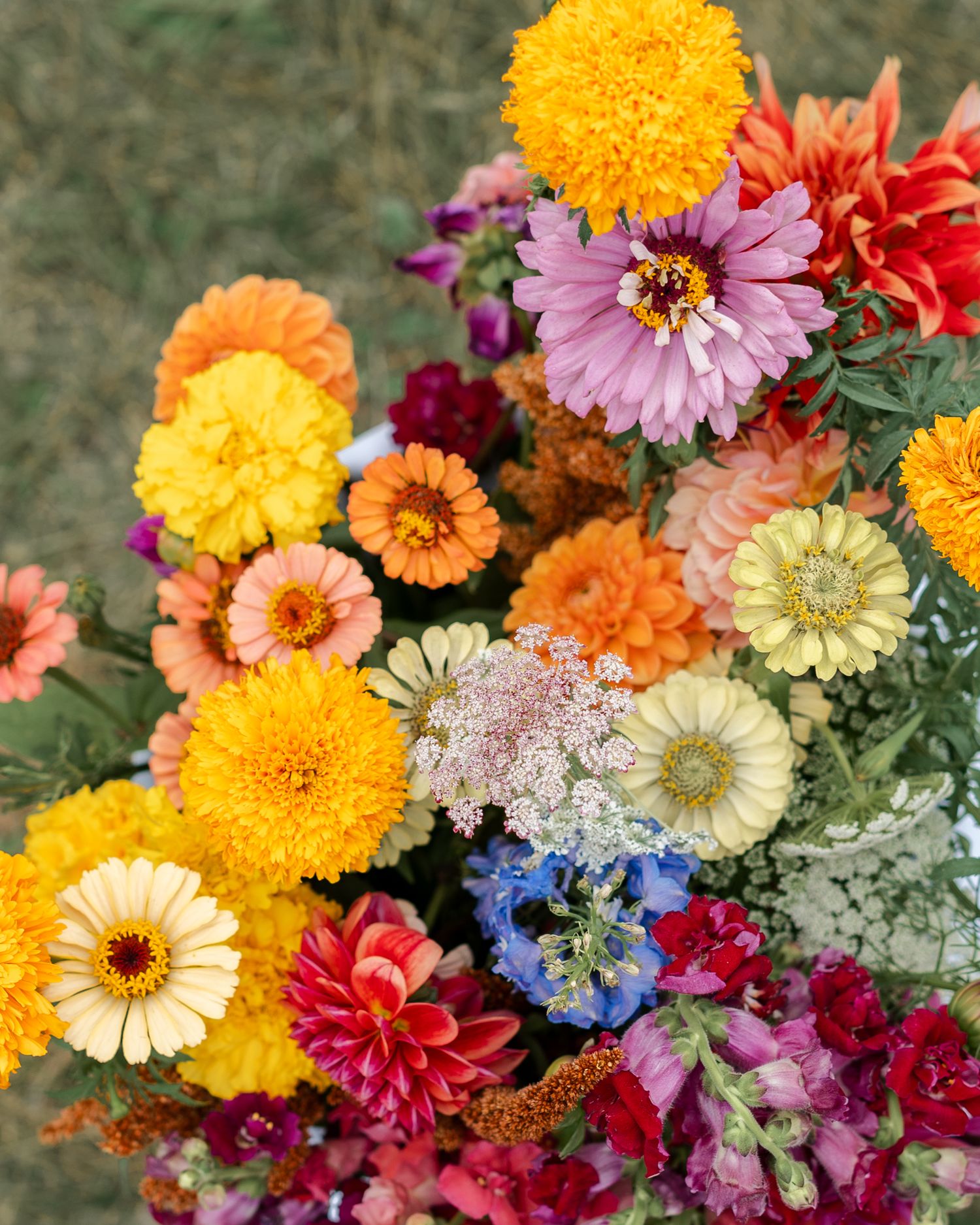 Vibrant bouquet of yellow, orange, pink and purple flowers in full bloom.