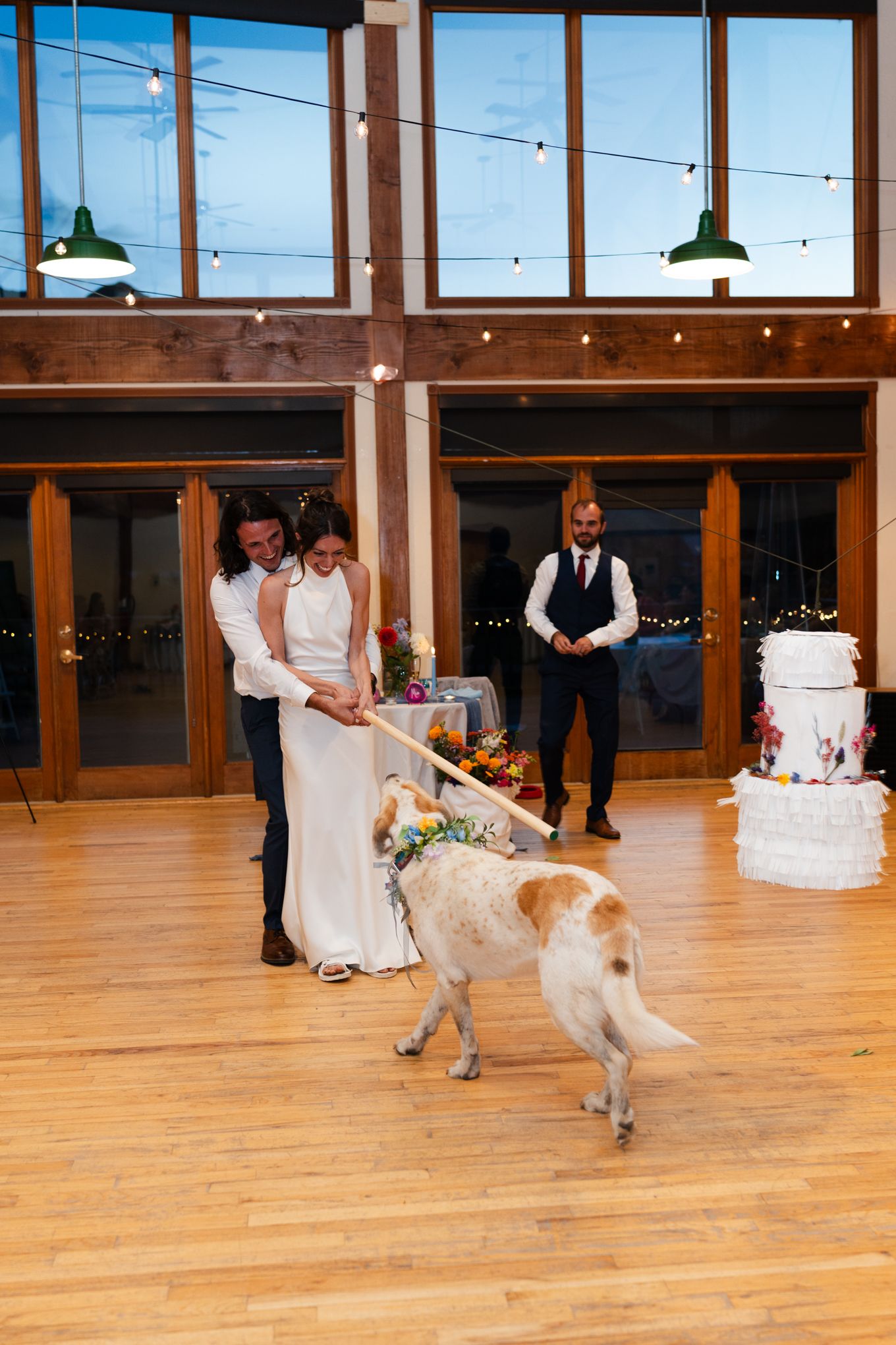 Wedding celebration in a rustic venue with a white cake and friendly dog joining the festivities.