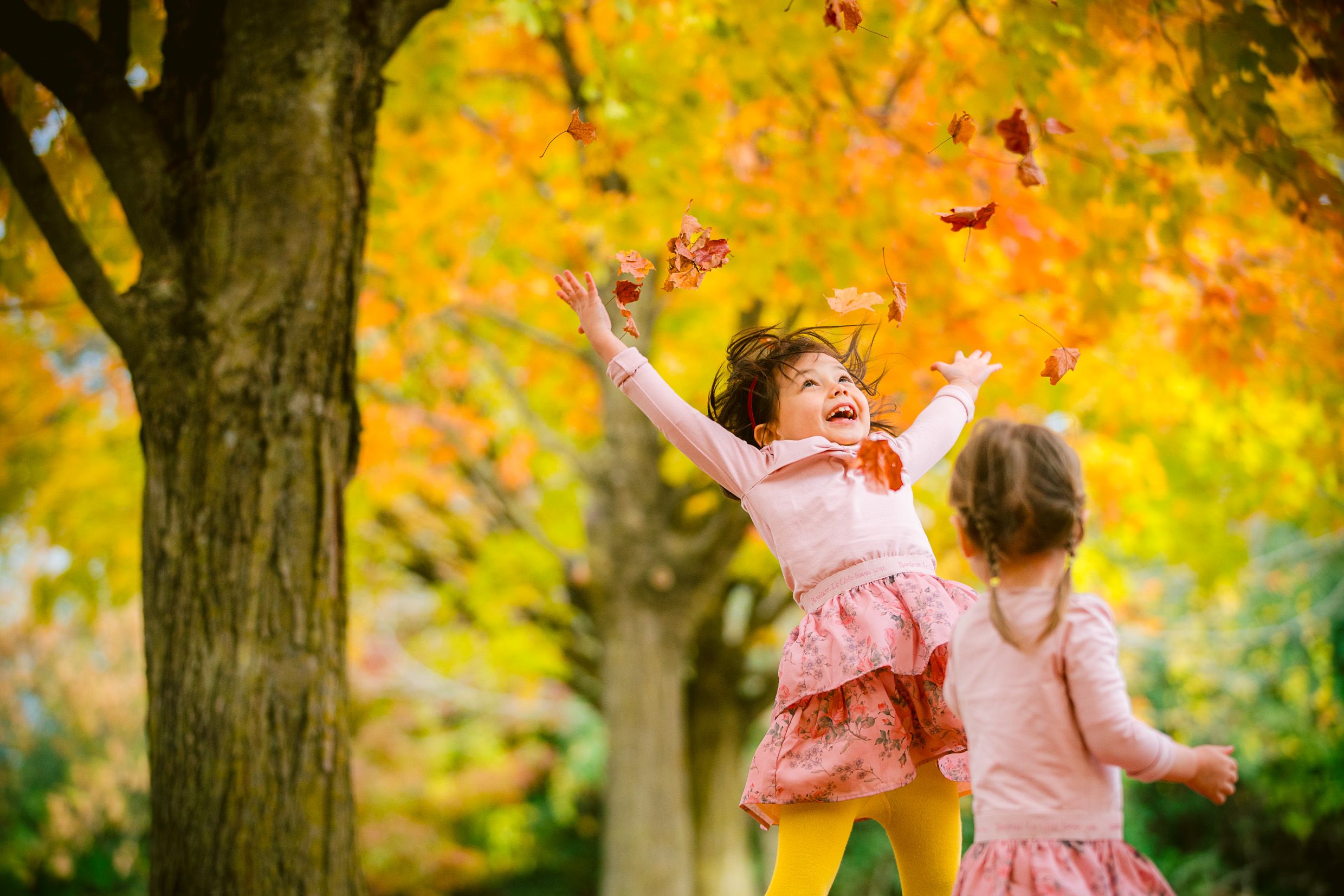 Two children playing joyfully with falling autumn leaves in a park with vibrant yellow foliage.