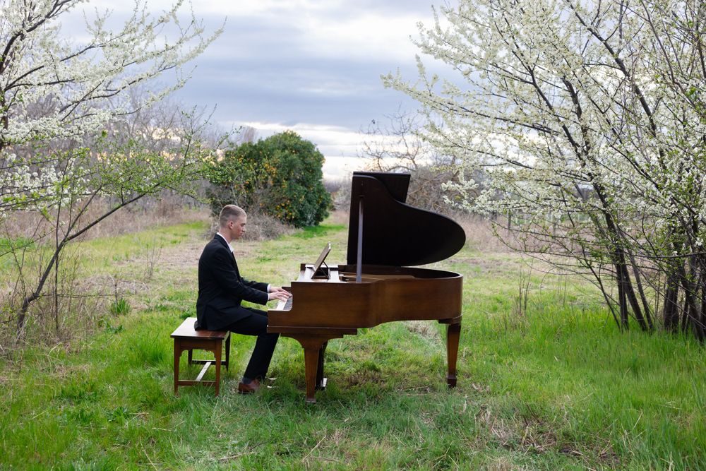 Grand piano sits among blooming trees in a serene outdoor meadow setting during springtime.