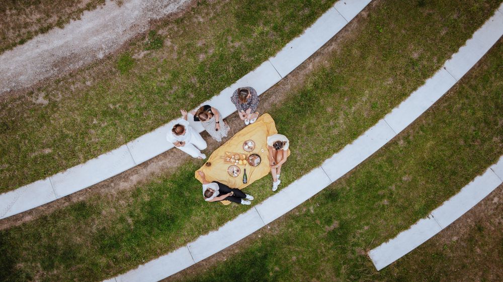 Luchtfoto van een groep vriendinnen die genieten van een picknick in het gras.