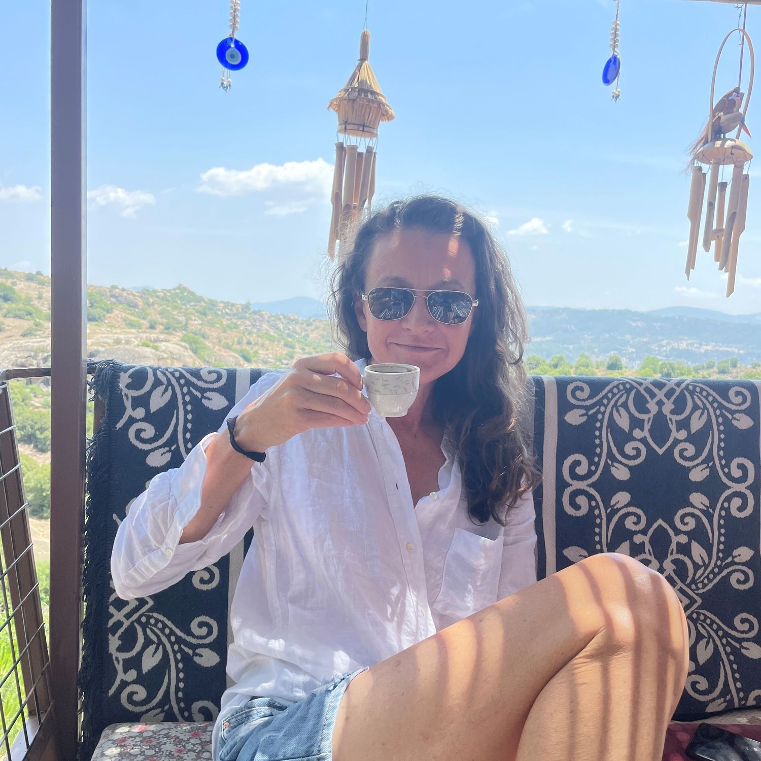 Tammy T enjoying a turkish coffee at roadside cafe as road tripping across Turkey