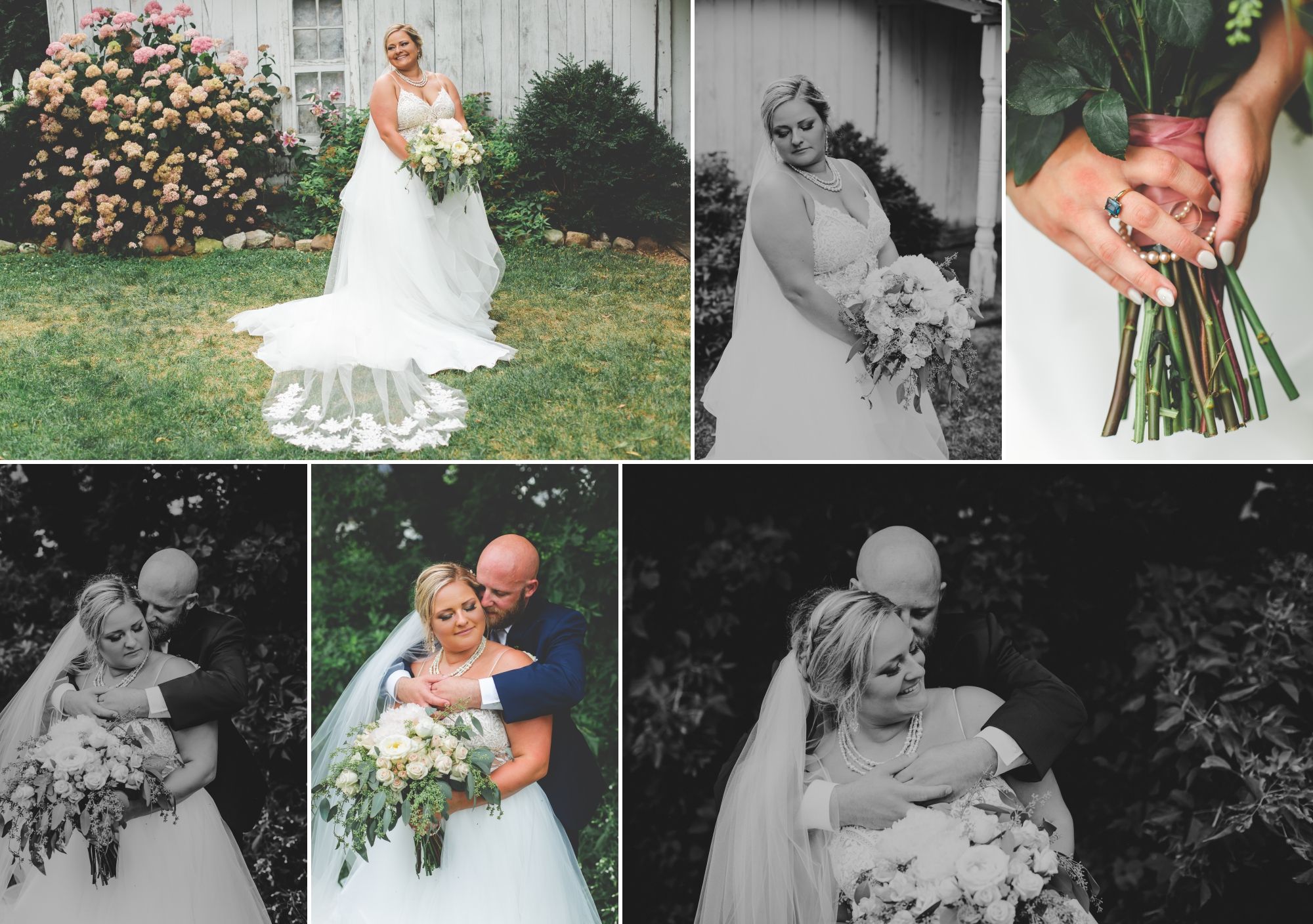 Collage of bride, close up of a ring tied to the bouquet, and the couple embracing.