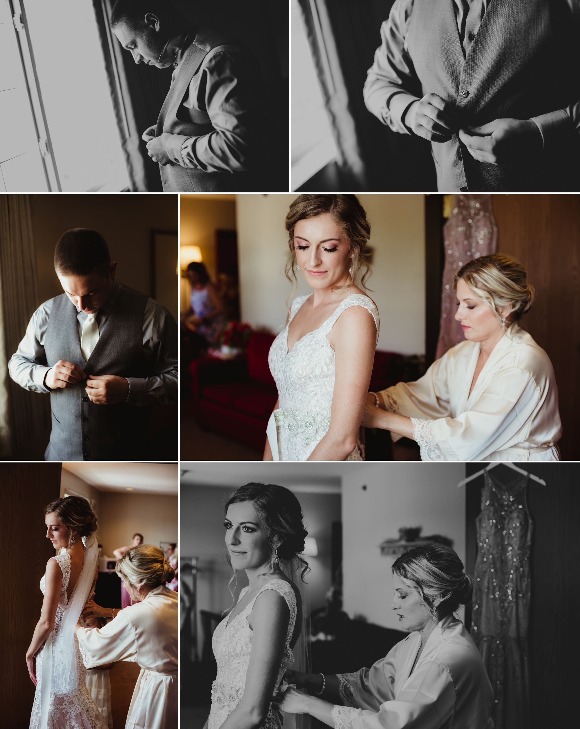 Photos of the bride and groom each getting dressed in their rooms.