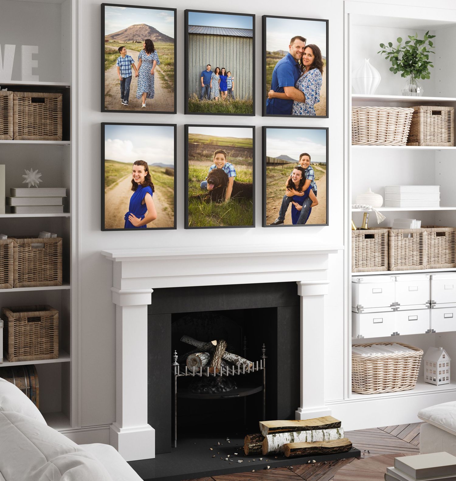 Modern farmhouse living room with built-in shelving, white fireplace, and gallery wall of family photos displayed above mantel.