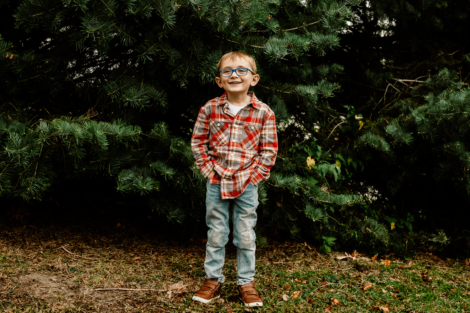 A child in a plaid flannel shirt and jeans stands in front of evergreen trees.