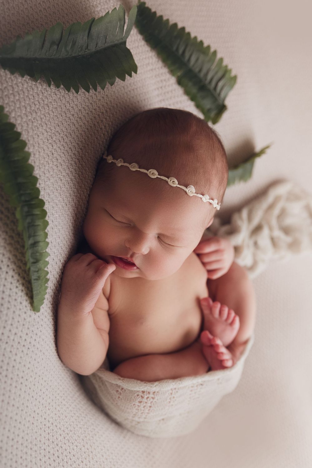 newborn girl posed with fern leaves on her back
