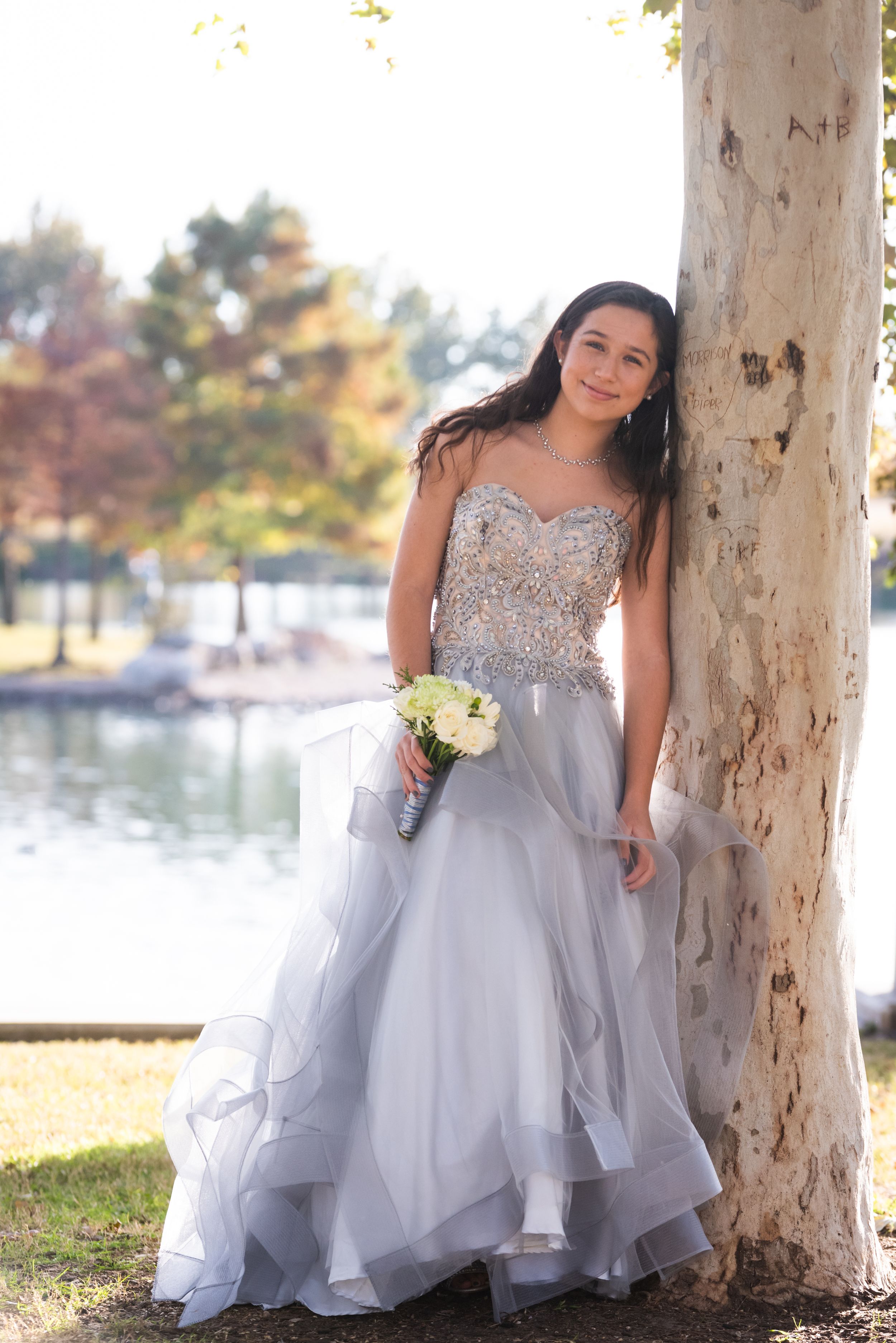 A stunning light blue ballgown with beaded bodice photographed outdoors by a tree near water.