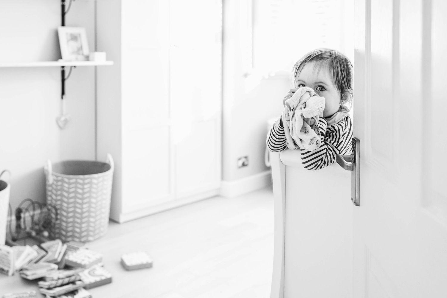 black and white portrait of toddler girl after nap