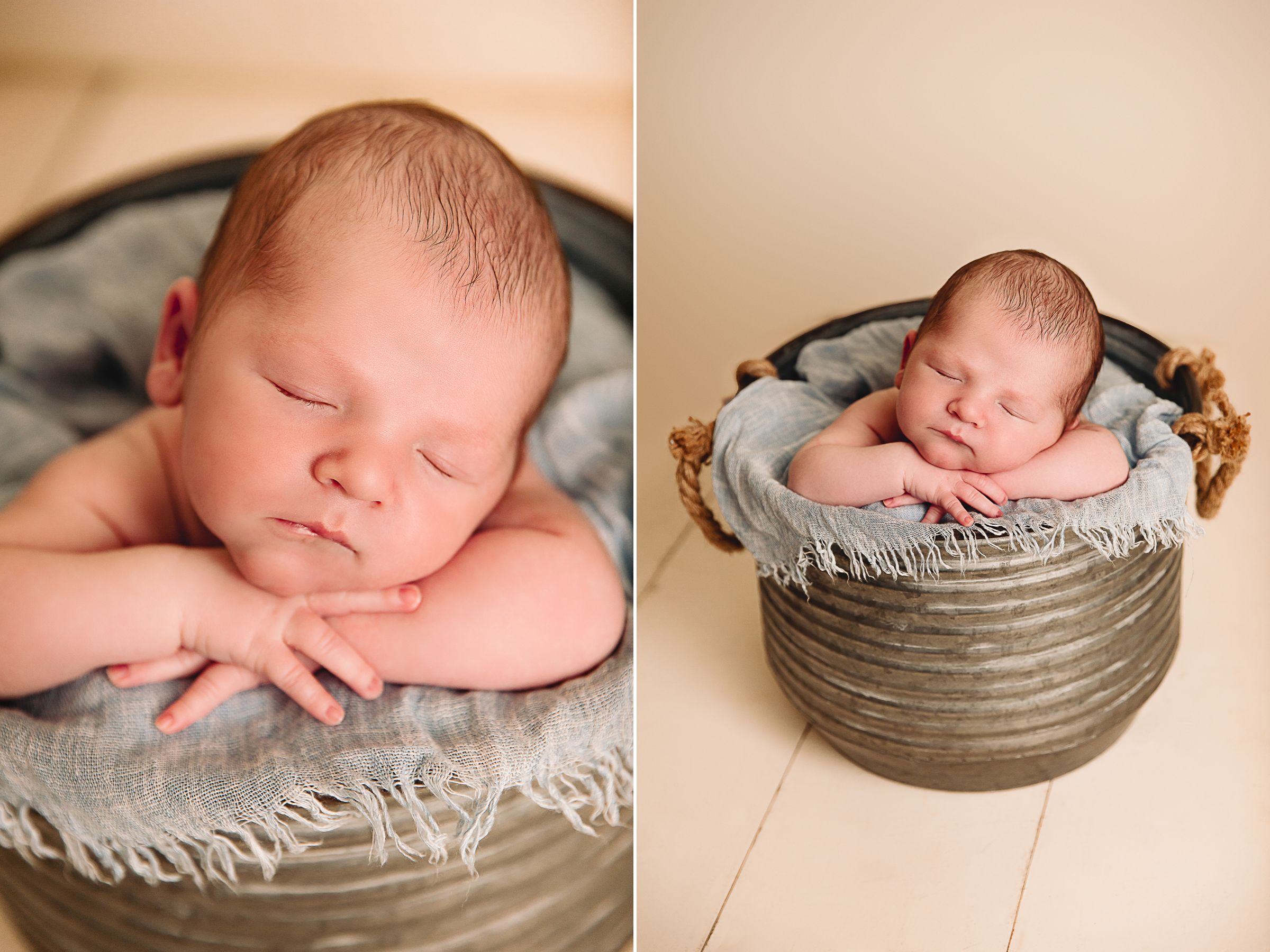 newborn boy in metal bucket prop