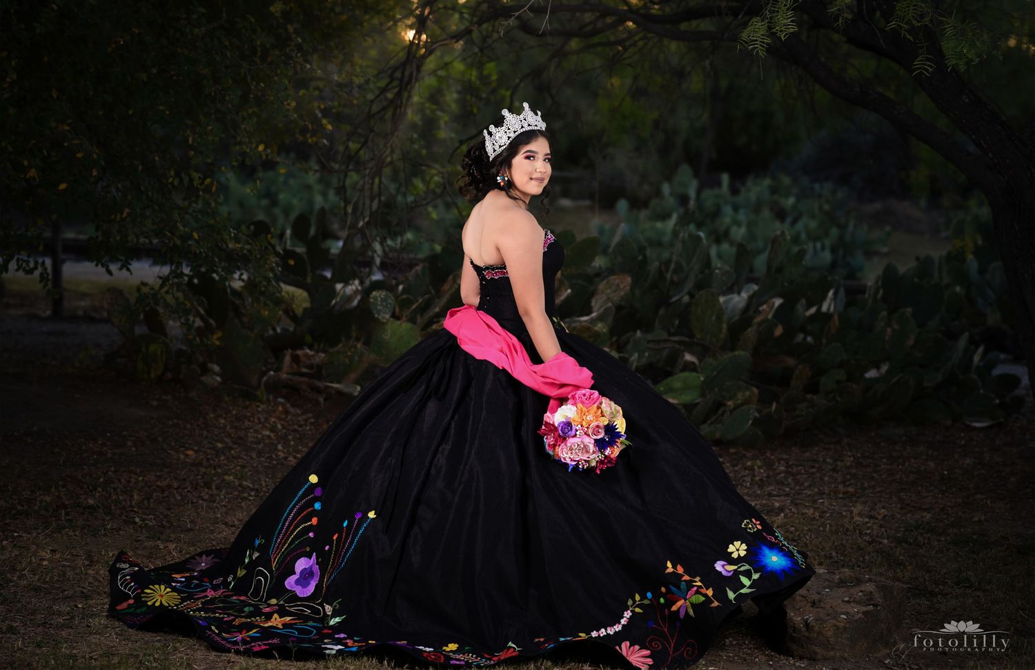beautiful handmade mexican style black and colored quince dress photography fort worth stockyards fotolilly photography