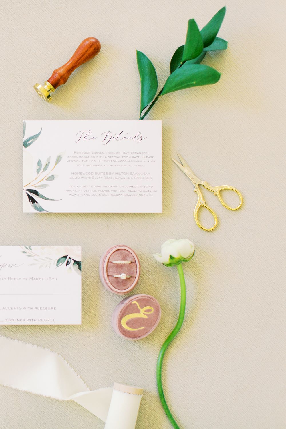 styled wedding invitation details from a savannah, ga wedding at the landing's plantation club