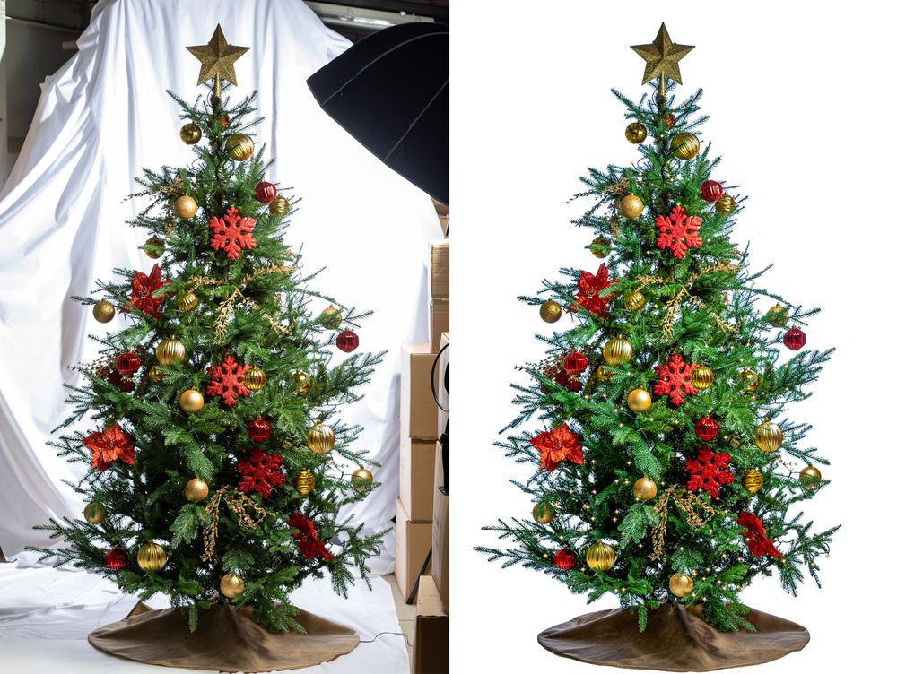 A before and after comparison of a product photograph of a full size Christmas tree by Danny Loo