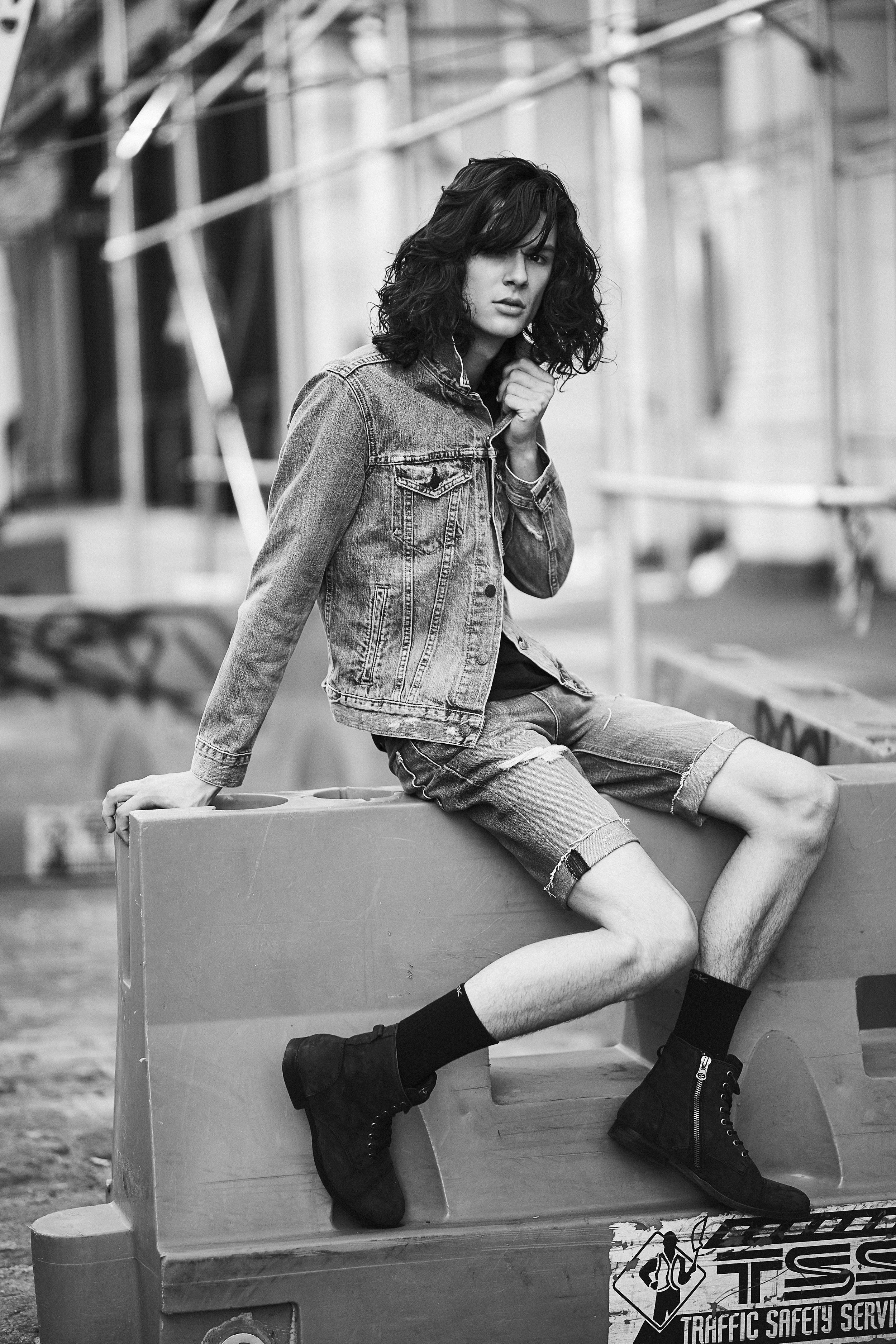 Model Ty Samatowic long dark hair Levi's Trucker Jacket Wilhelmina Models Levi's Denim Editorial Vulkan Magazine