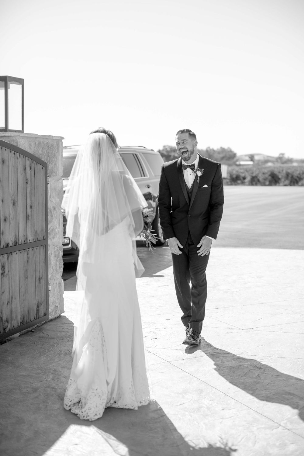 bride and groom during first look at Rava Winery