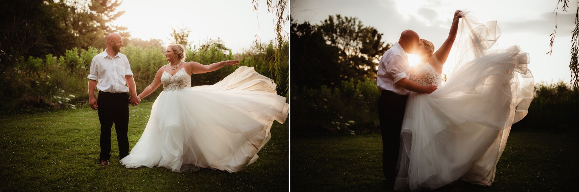 Bride & groom holding hands and smiling at each other then kissing as bride throws the bottom of her dress up at sunset