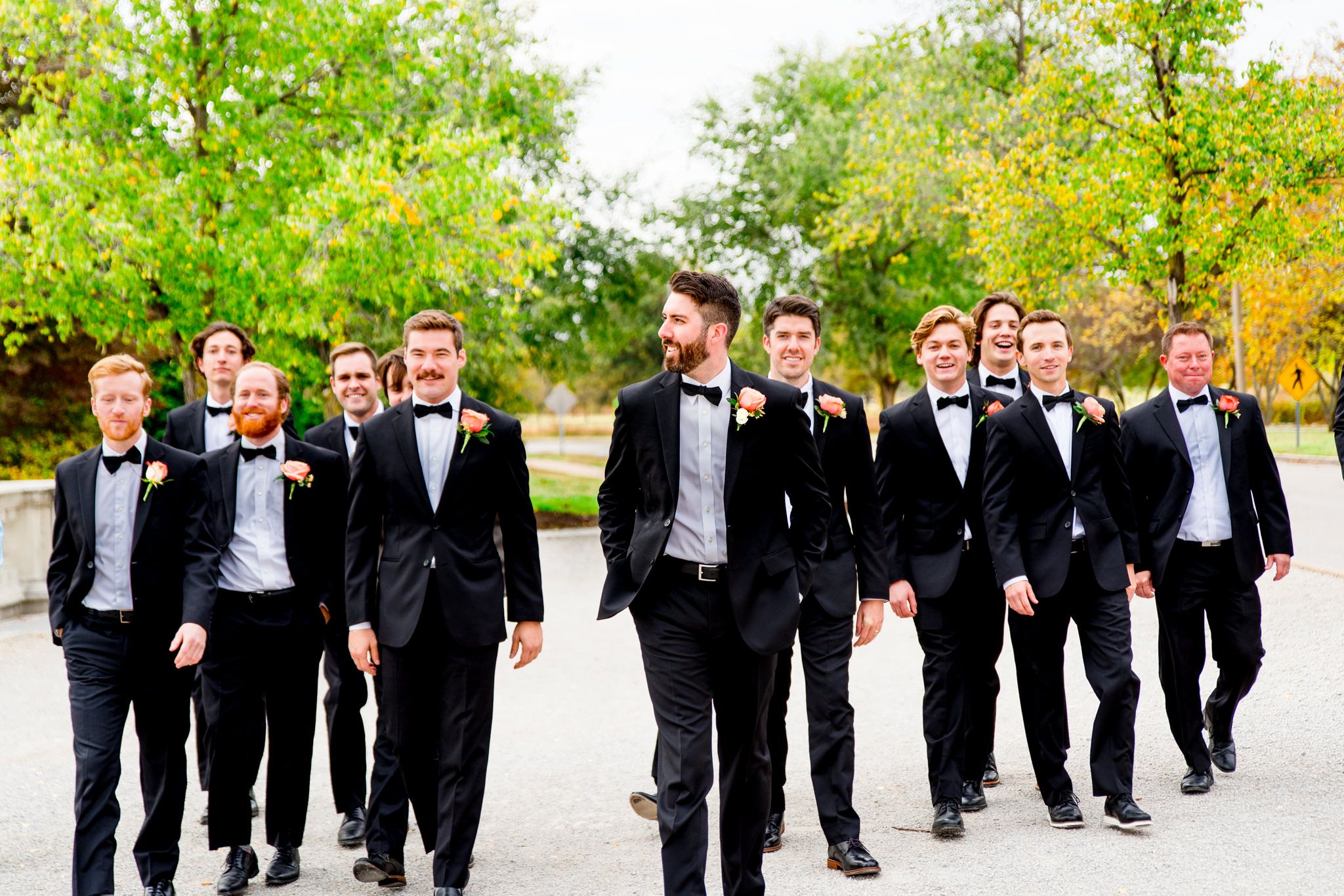 groom and groomsmen portraits at Forest Park STL fall wedding